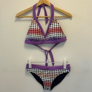 NIKE reversible bikini 2 pce bathing suit padded bra halter ties blue purple lge